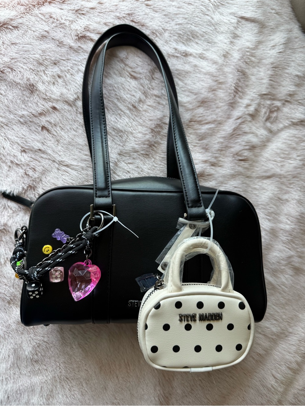 Steve Madden Black Shoulder Bag with Polka-Dot Charm Accent